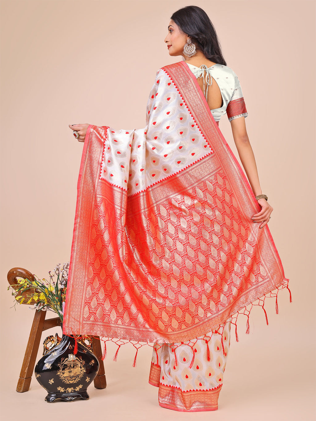 Shree Shyam Fashion Elegant Maroon Banarasi Cotton Saree with Zari Leaf Motifs and Rich Pallu - Traditional Indian Saree for Festive & Wedding Wear