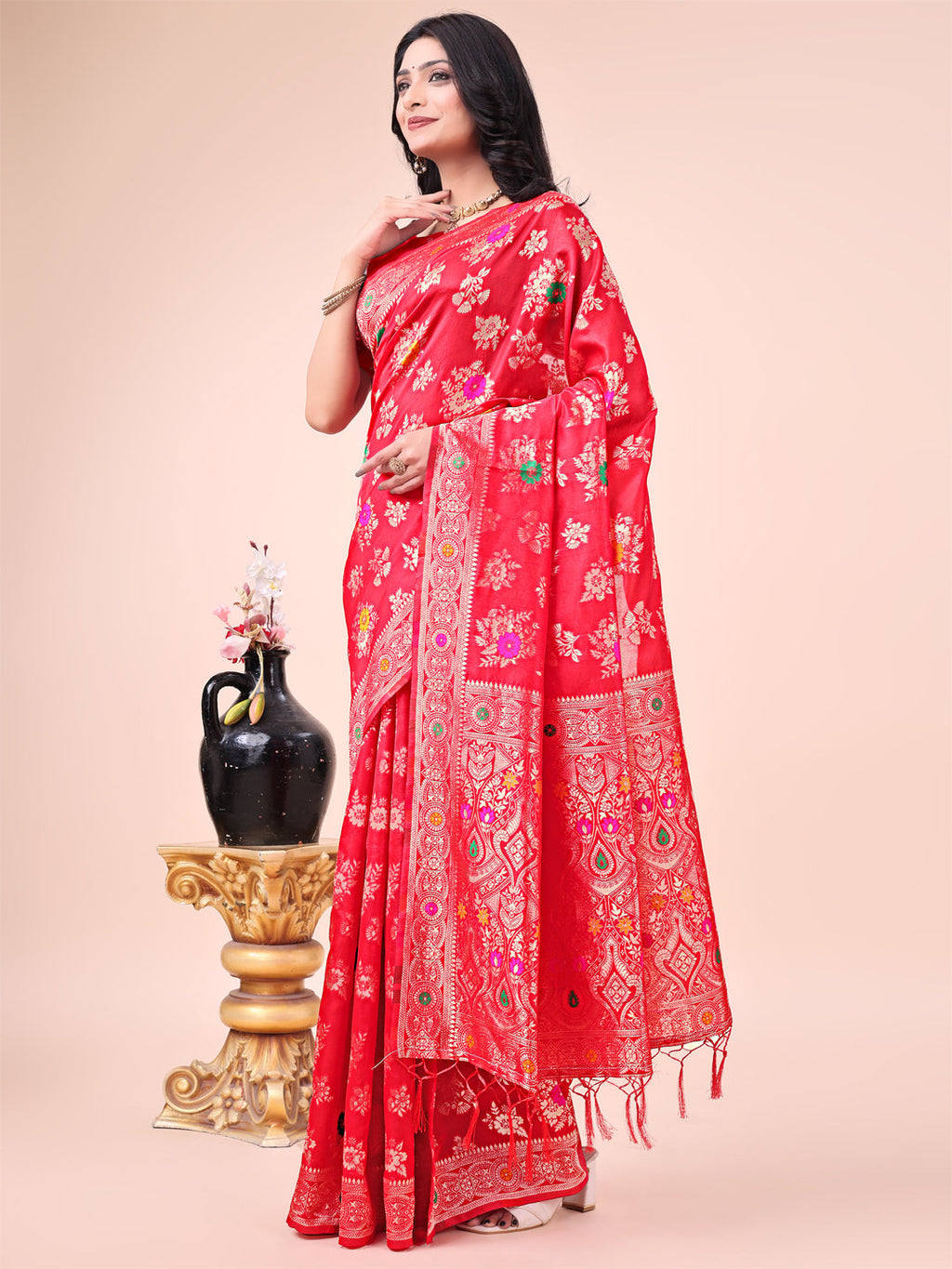 Shree Shyam Fashion Elegant Black Banarasi Cotton Saree with Zari Leaf Motifs and Rich Pallu - Traditional Indian Saree for Festive & Wedding Wear