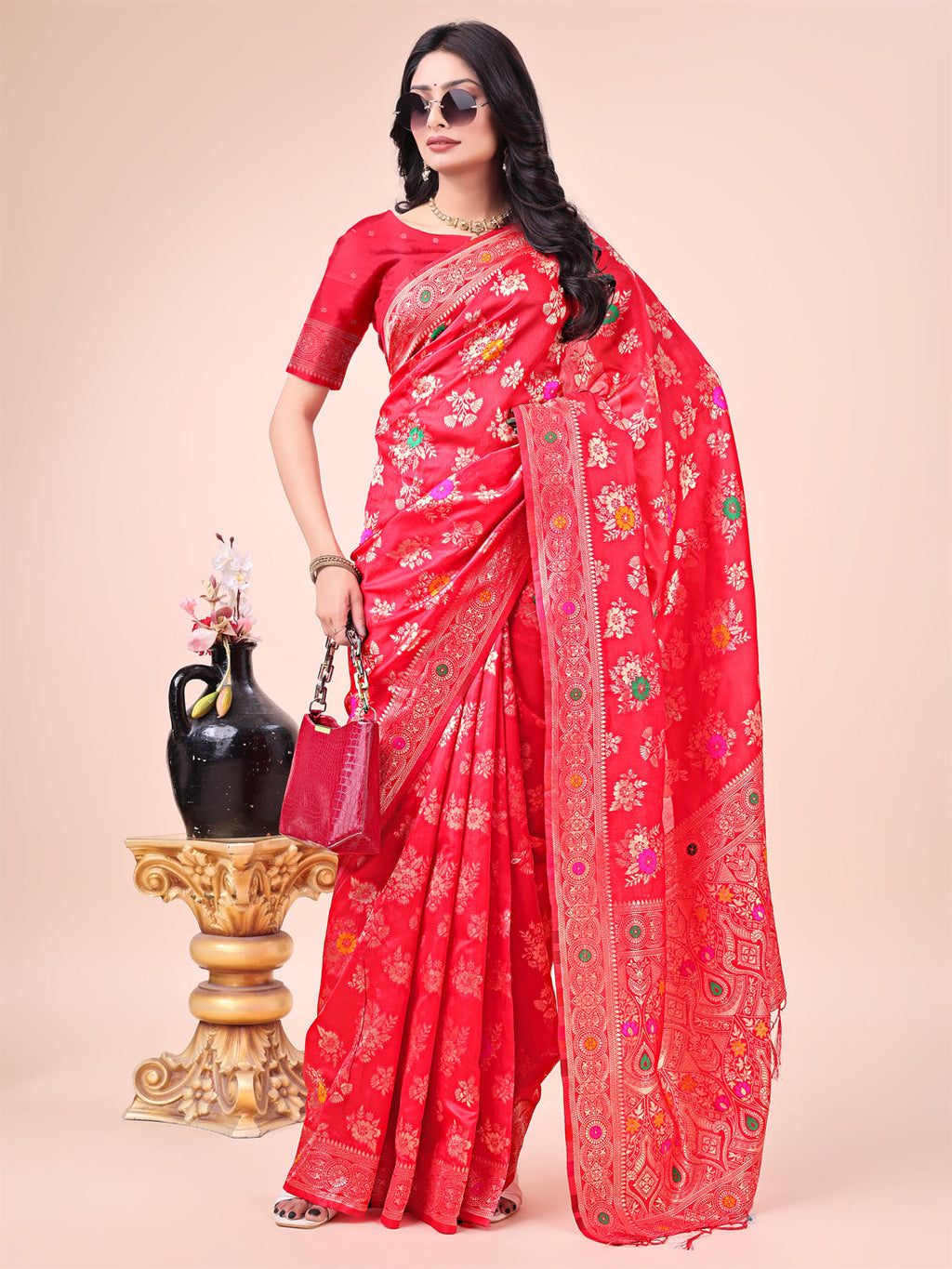 Shree Shyam Fashion Elegant Black Banarasi Cotton Saree with Zari Leaf Motifs and Rich Pallu - Traditional Indian Saree for Festive & Wedding Wear