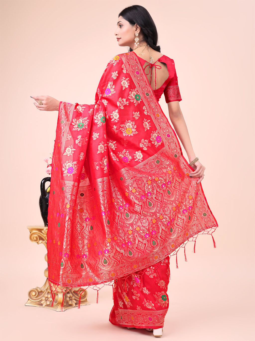 Shree Shyam Fashion Elegant Black Banarasi Cotton Saree with Zari Leaf Motifs and Rich Pallu - Traditional Indian Saree for Festive & Wedding Wear