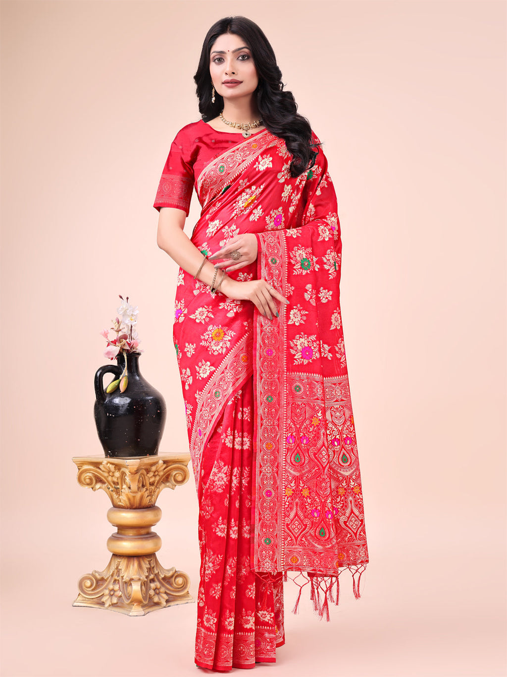 Shree Shyam Fashion Elegant Black Banarasi Cotton Saree with Zari Leaf Motifs and Rich Pallu - Traditional Indian Saree for Festive & Wedding Wear