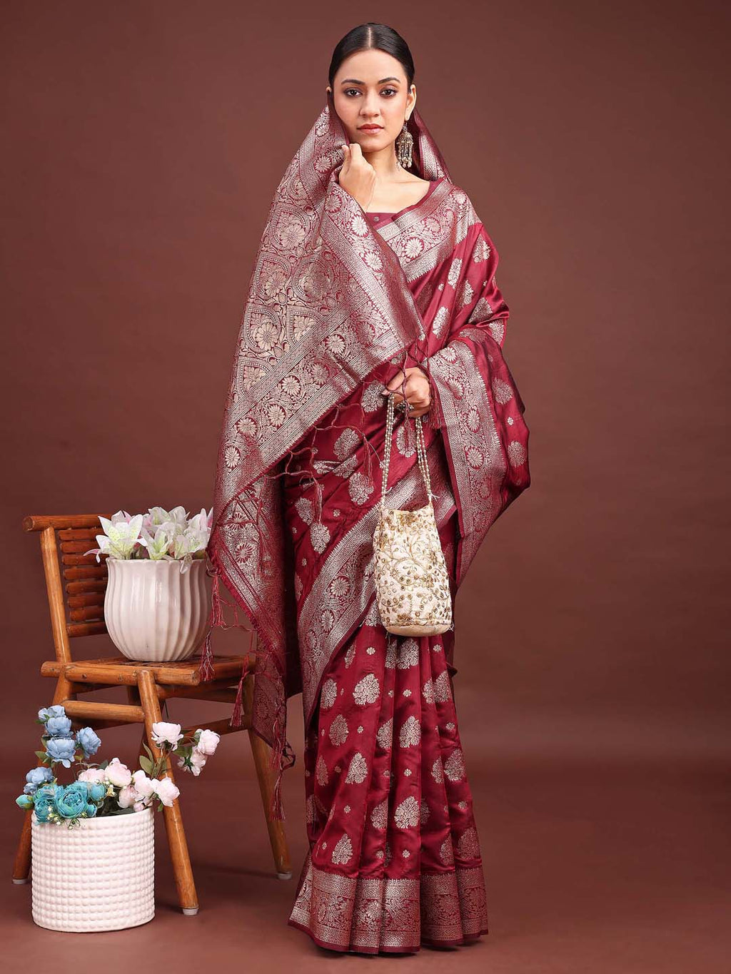 Shree Shyam Fashion Maroon Banarasi Silk Saree with Zari Weaving - A Timeless Tale of Elegance