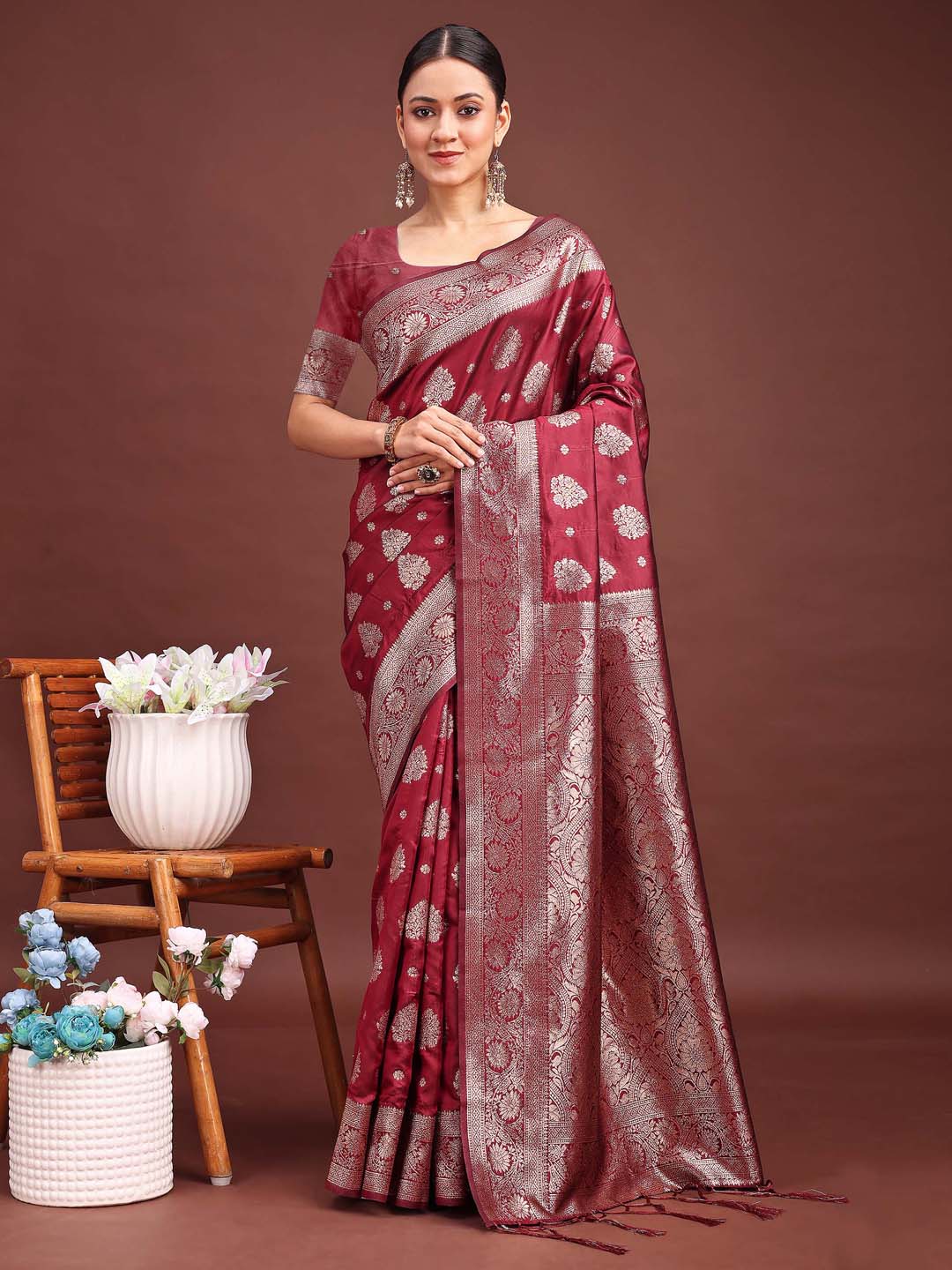 Shree Shyam Fashion Maroon Banarasi Silk Saree with Zari Weaving - A Timeless Tale of Elegance