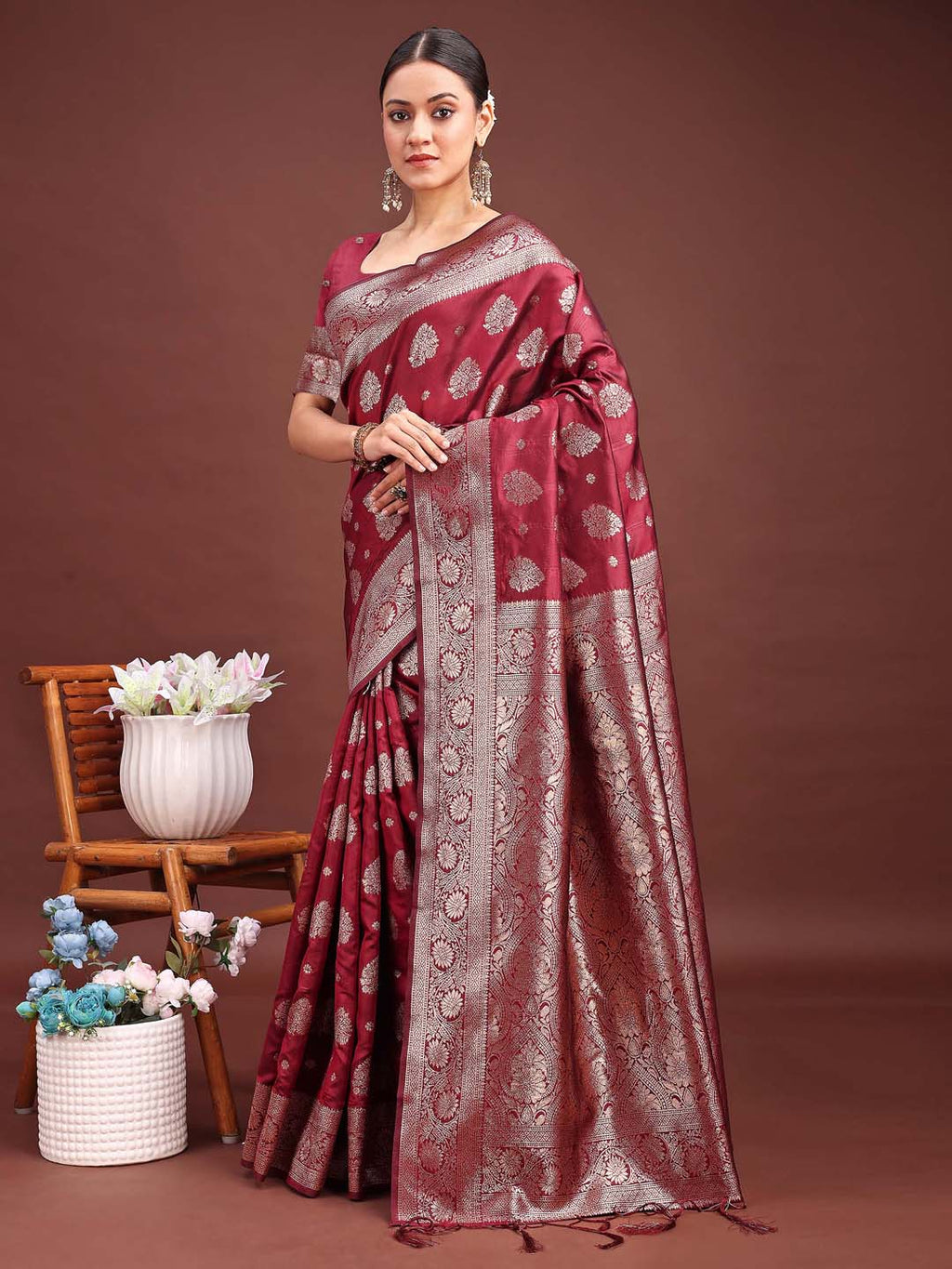 Shree Shyam Fashion Maroon Banarasi Silk Saree with Zari Weaving - A Timeless Tale of Elegance