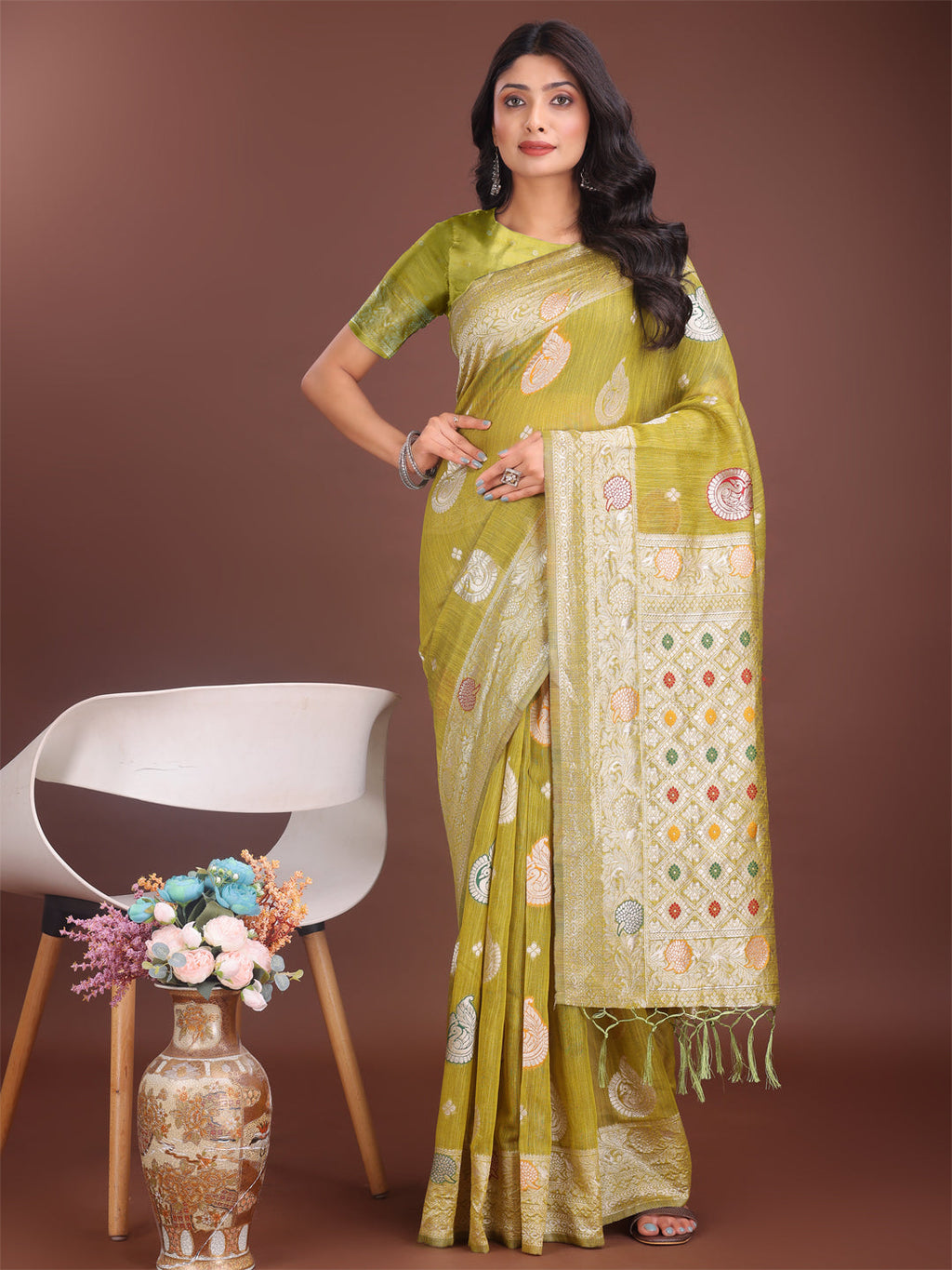 Shree Shyam Fashion Elegant Olive Green Linen Cotton Saree with Zari Border & Woven Motifs - Perfect for Sophisticated Everyday & Festive Looks