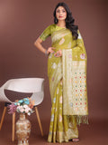 Shree Shyam Fashion Elegant Olive Green Linen Cotton Saree with Zari Border & Woven Motifs - Perfect for Sophisticated Everyday & Festive Looks