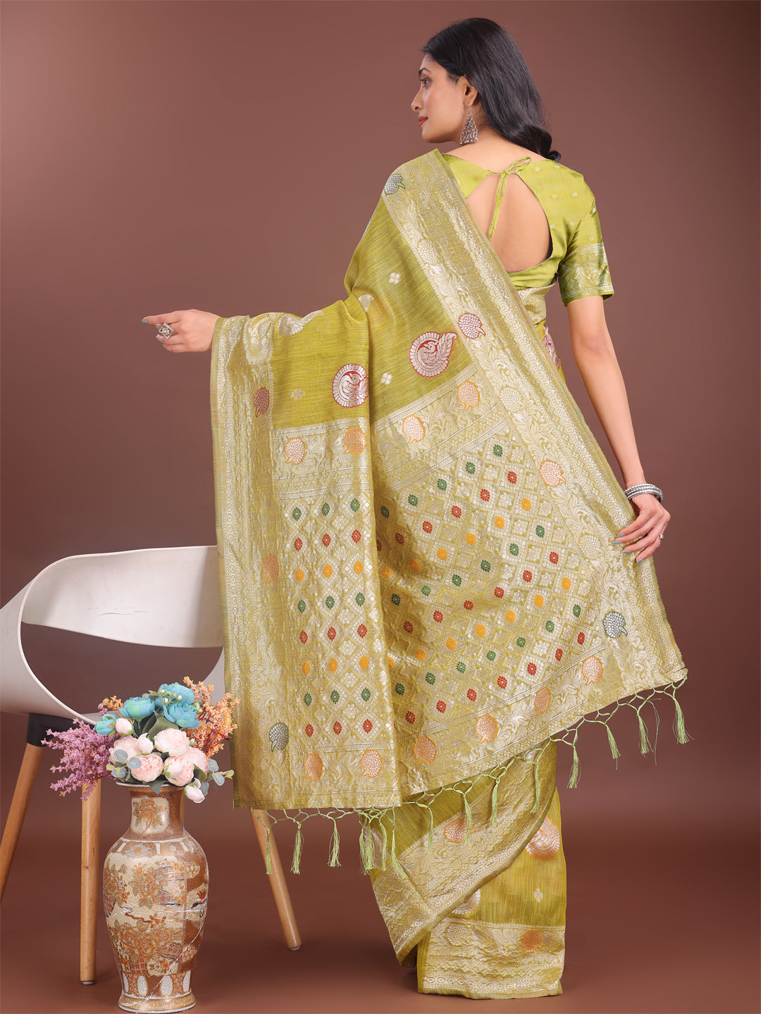 Shree Shyam Fashion Elegant Olive Green Linen Cotton Saree with Zari Border & Woven Motifs - Perfect for Sophisticated Everyday & Festive Looks