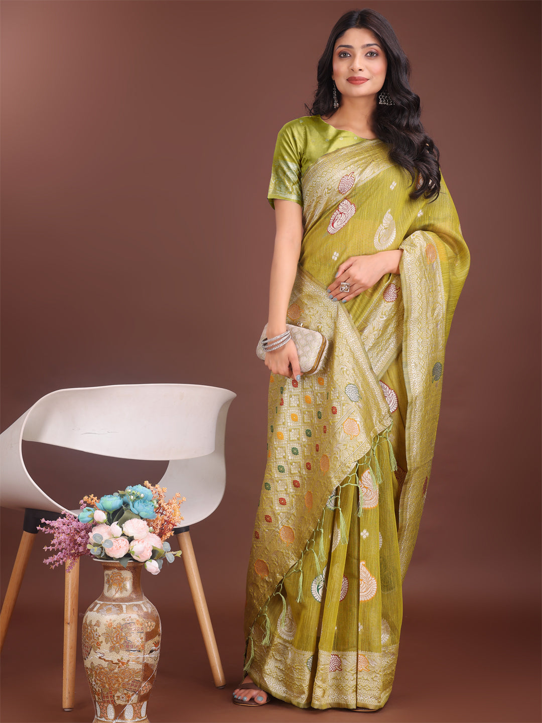 Shree Shyam Fashion Elegant Olive Green Linen Cotton Saree with Zari Border & Woven Motifs - Perfect for Sophisticated Everyday & Festive Looks