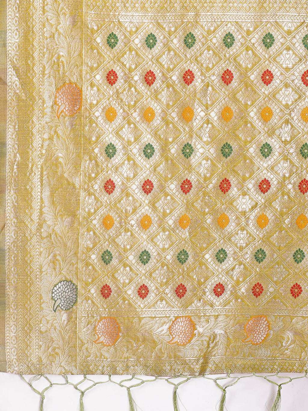 Shree Shyam Fashion Elegant Olive Green Linen Cotton Saree with Zari Border & Woven Motifs - Perfect for Sophisticated Everyday & Festive Looks