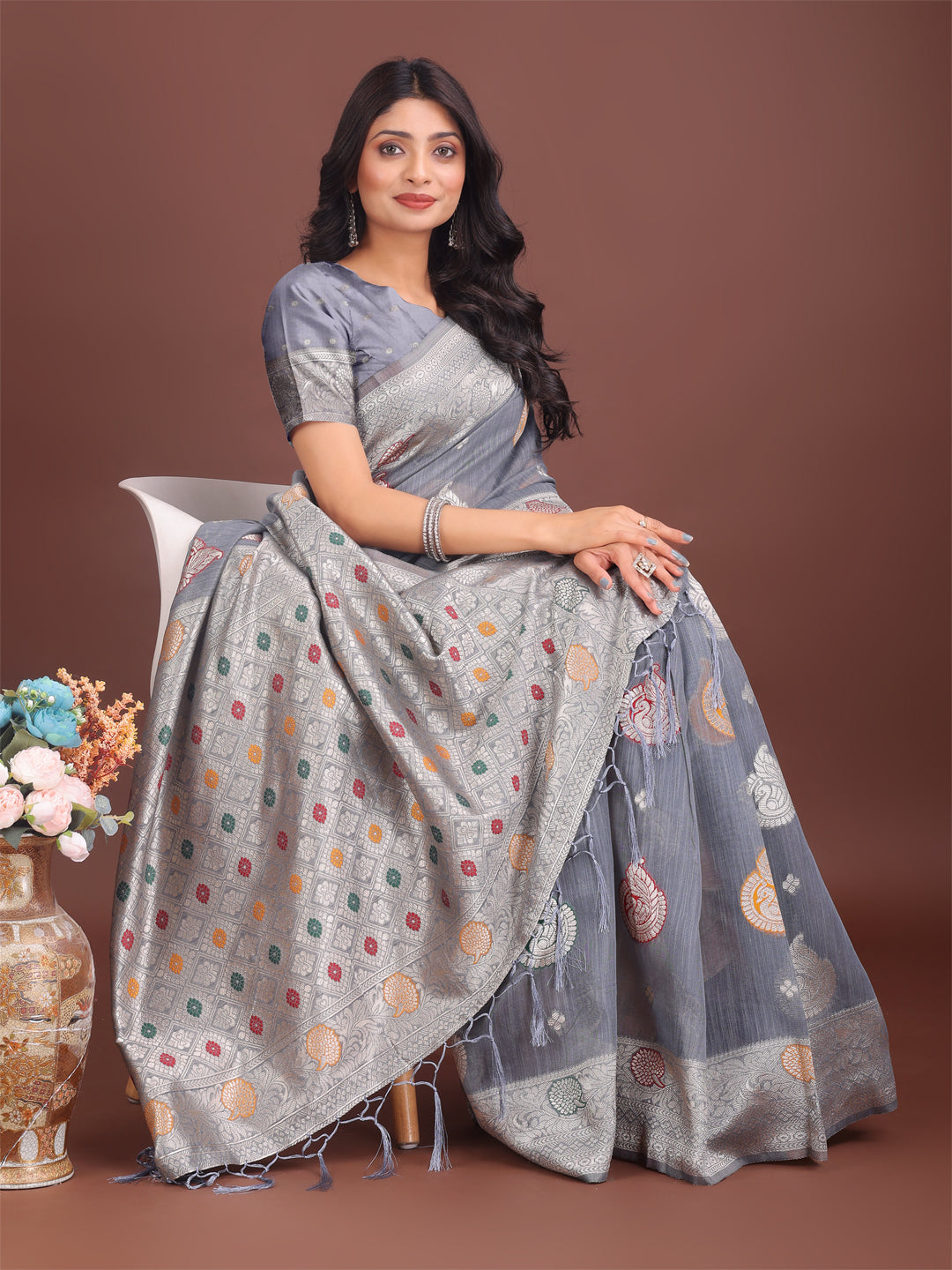 Shree Shyam Fashion Elegant Grey Linen Cotton Saree with Zari Border & Woven Motifs - Perfect for Sophisticated Everyday & Festive Looks