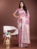 Shree Shyam Fashion Elegant Purple Linen Cotton Saree with Zari Border & Woven Motifs - Perfect for Sophisticated Everyday & Festive Looks