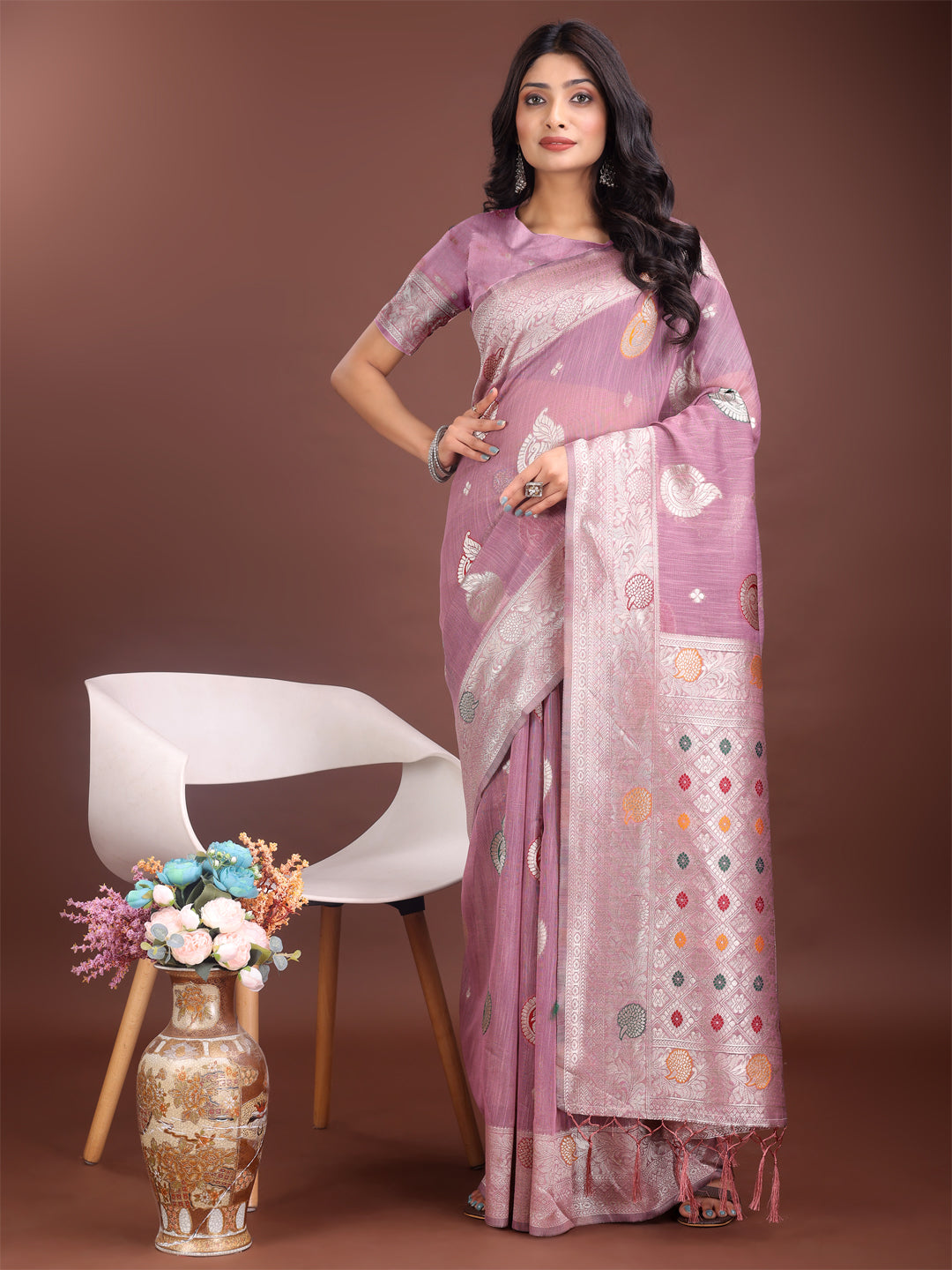 Shree Shyam Fashion Elegant Purple Linen Cotton Saree with Zari Border & Woven Motifs - Perfect for Sophisticated Everyday & Festive Looks