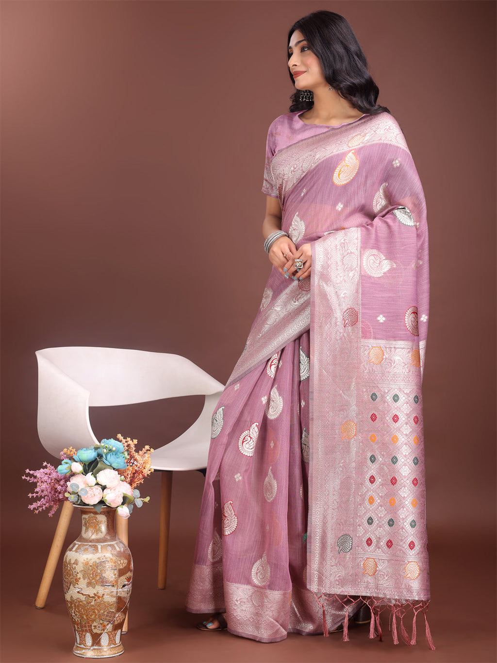 Shree Shyam Fashion Elegant Purple Linen Cotton Saree with Zari Border & Woven Motifs - Perfect for Sophisticated Everyday & Festive Looks