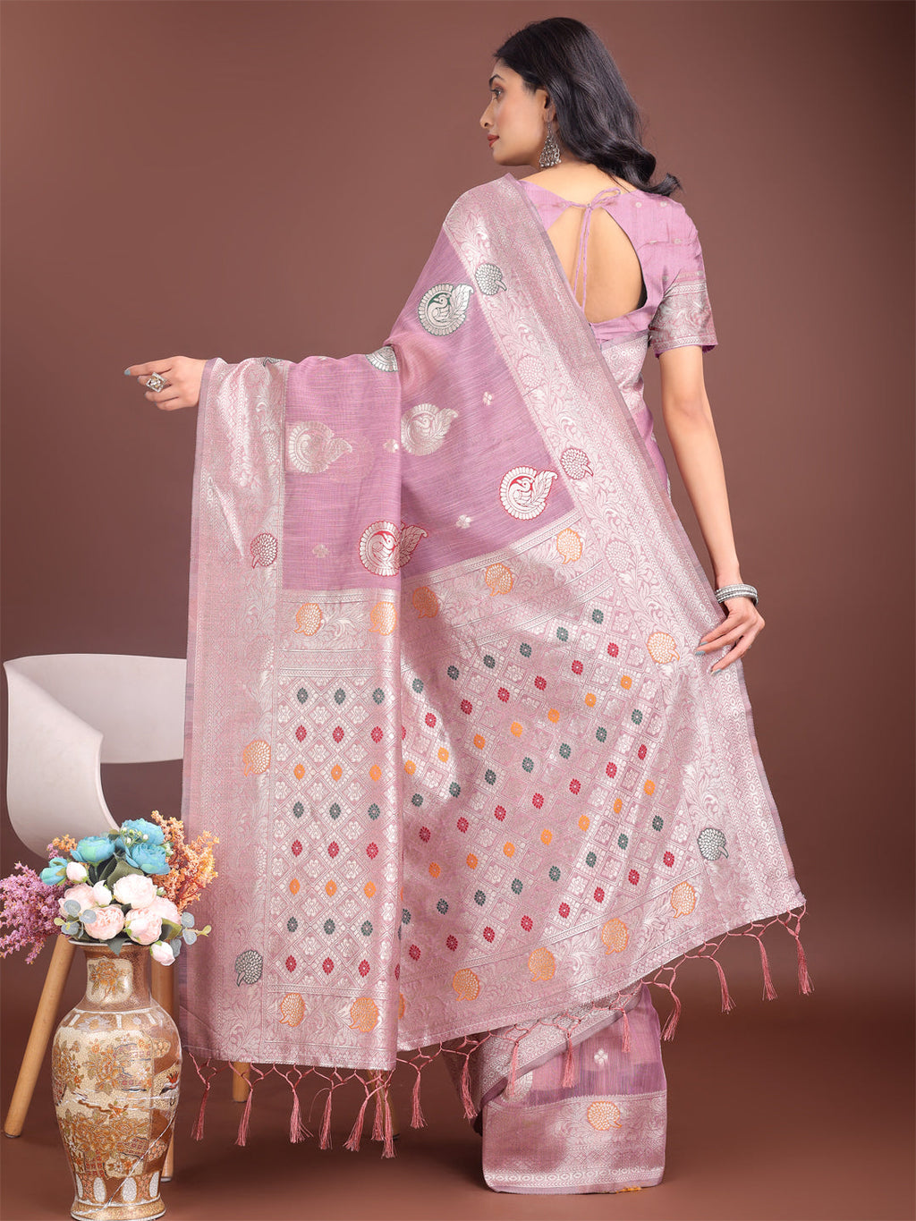 Shree Shyam Fashion Elegant Purple Linen Cotton Saree with Zari Border & Woven Motifs - Perfect for Sophisticated Everyday & Festive Looks