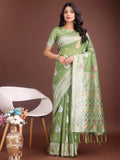 Shree Shyam Fashion Elegant Light Green Linen Cotton Saree with Zari Border & Woven Motifs - Perfect for Sophisticated Everyday & Festive Looks