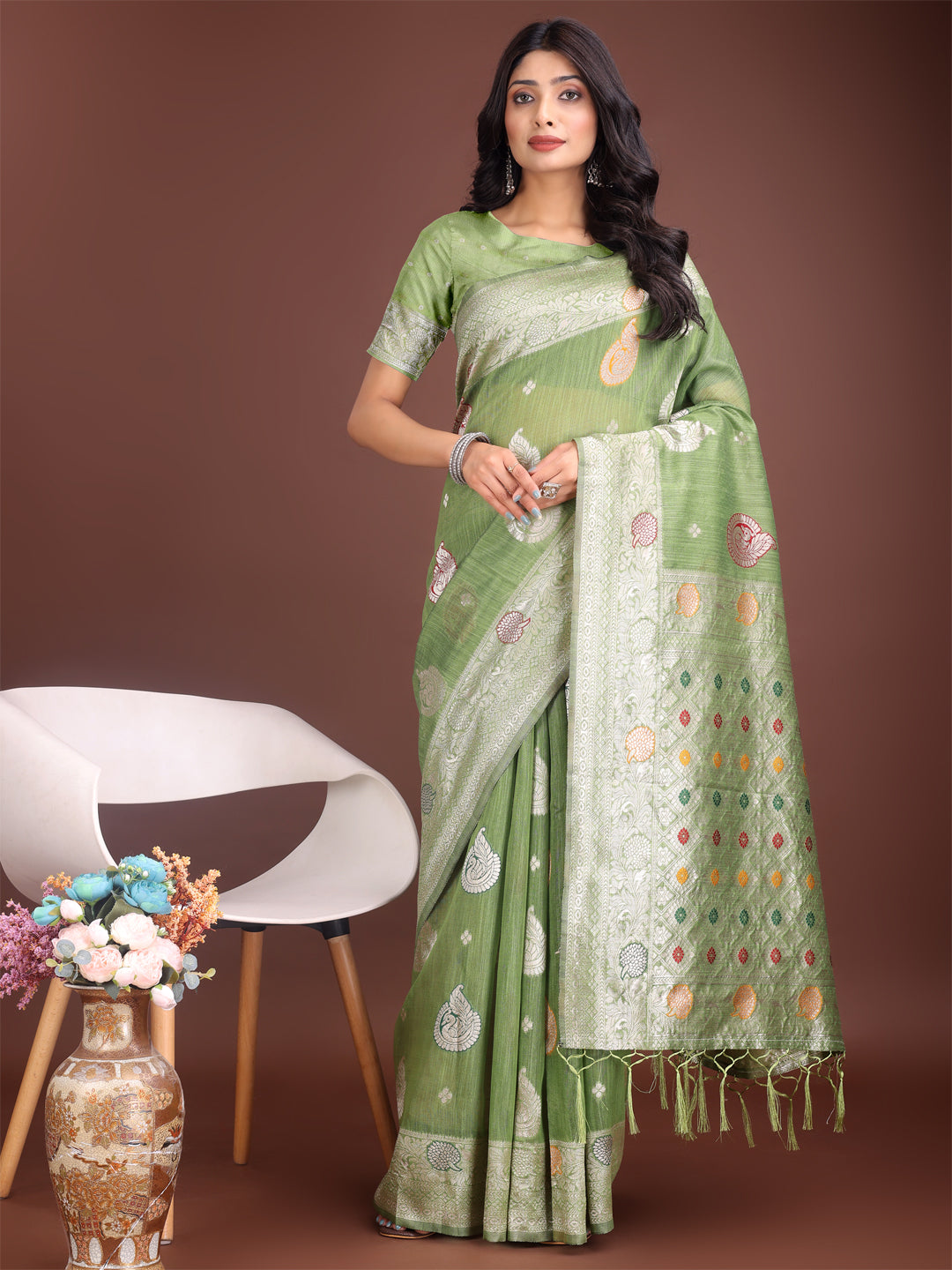 Shree Shyam Fashion Elegant Light Green Linen Cotton Saree with Zari Border & Woven Motifs - Perfect for Sophisticated Everyday & Festive Looks