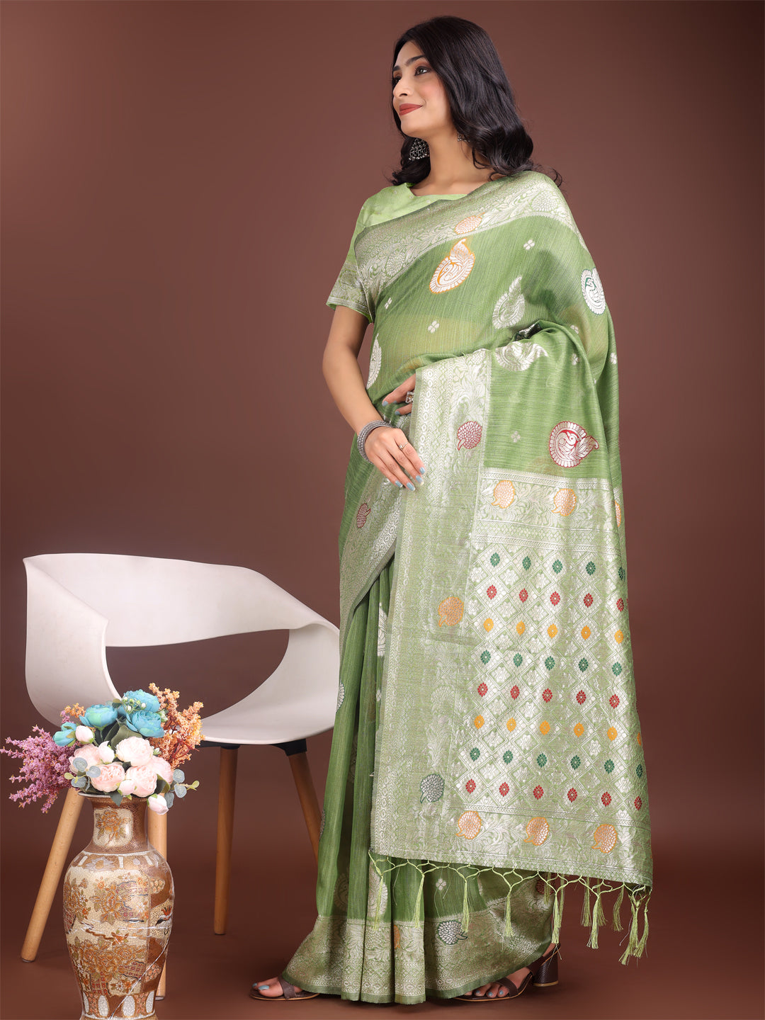 Shree Shyam Fashion Elegant Light Green Linen Cotton Saree with Zari Border & Woven Motifs - Perfect for Sophisticated Everyday & Festive Looks