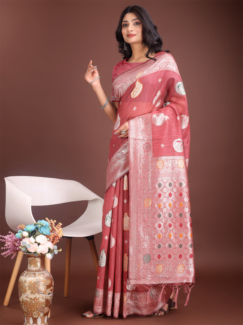 Shree Shyam Fashion Elegant Pink Linen Cotton Saree with Zari Border & Woven Motifs - Perfect for Sophisticated Everyday & Festive Looks