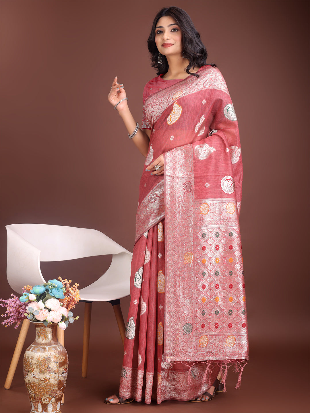 Shree Shyam Fashion Elegant Pink Linen Cotton Saree with Zari Border & Woven Motifs - Perfect for Sophisticated Everyday & Festive Looks