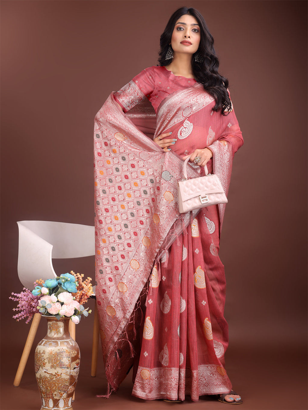 Shree Shyam Fashion Elegant Pink Linen Cotton Saree with Zari Border & Woven Motifs - Perfect for Sophisticated Everyday & Festive Looks