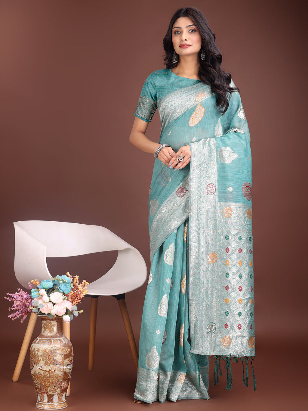 Shree Shyam Fashion Elegant Sea Green Linen Cotton Saree with Zari Border & Woven Motifs - Perfect for Sophisticated Everyday & Festive Looks