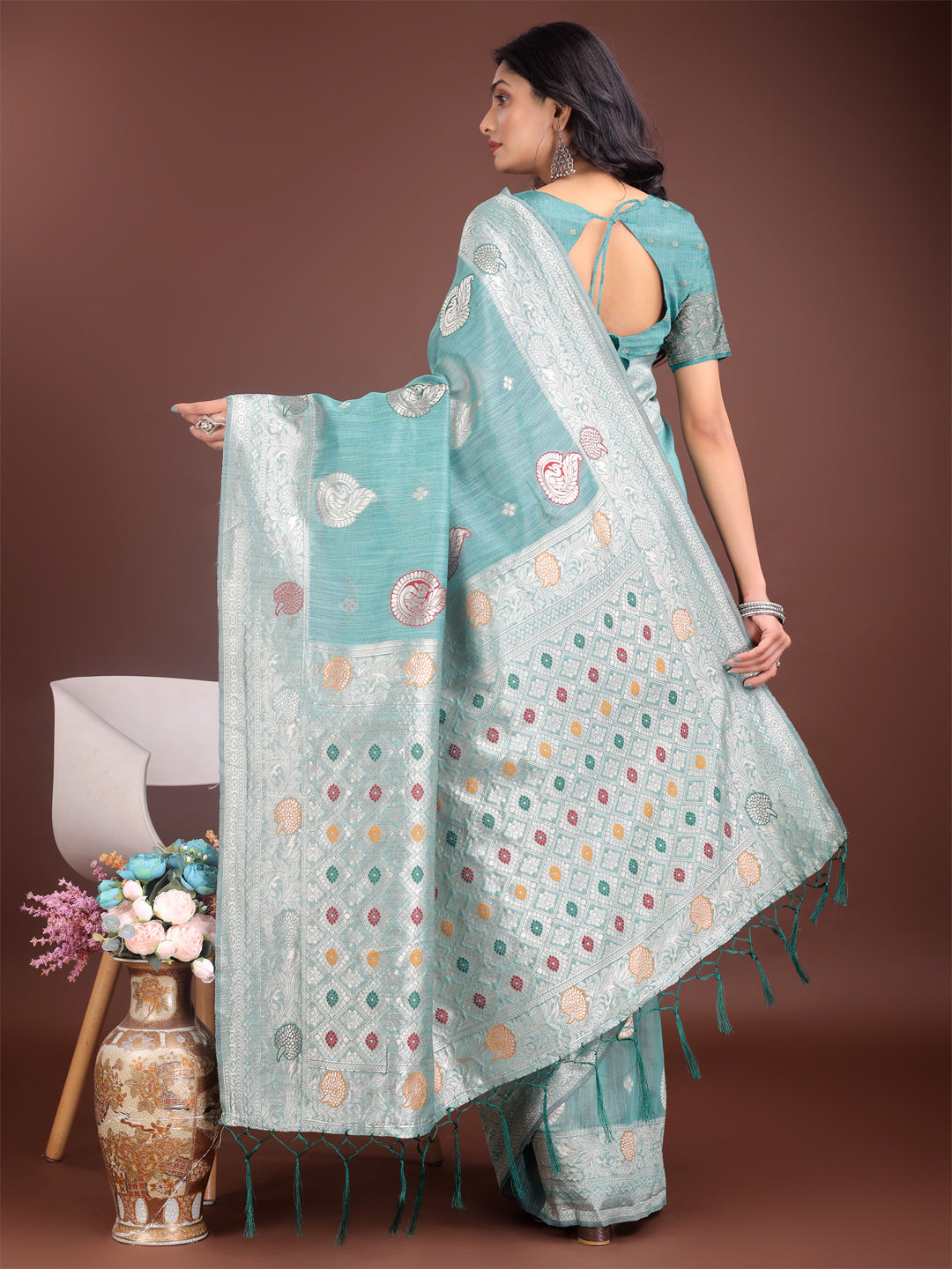 Shree Shyam Fashion Elegant Sea Green Linen Cotton Saree with Zari Border & Woven Motifs - Perfect for Sophisticated Everyday & Festive Looks