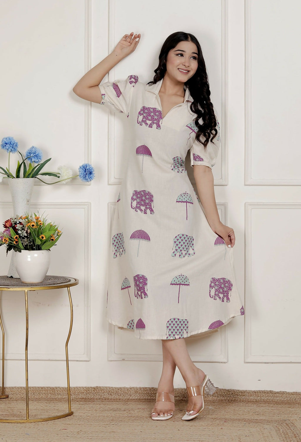 Miravan Womens Flex Cotton Short Sleeve Off White Animal Print A-Line Maxi Dress