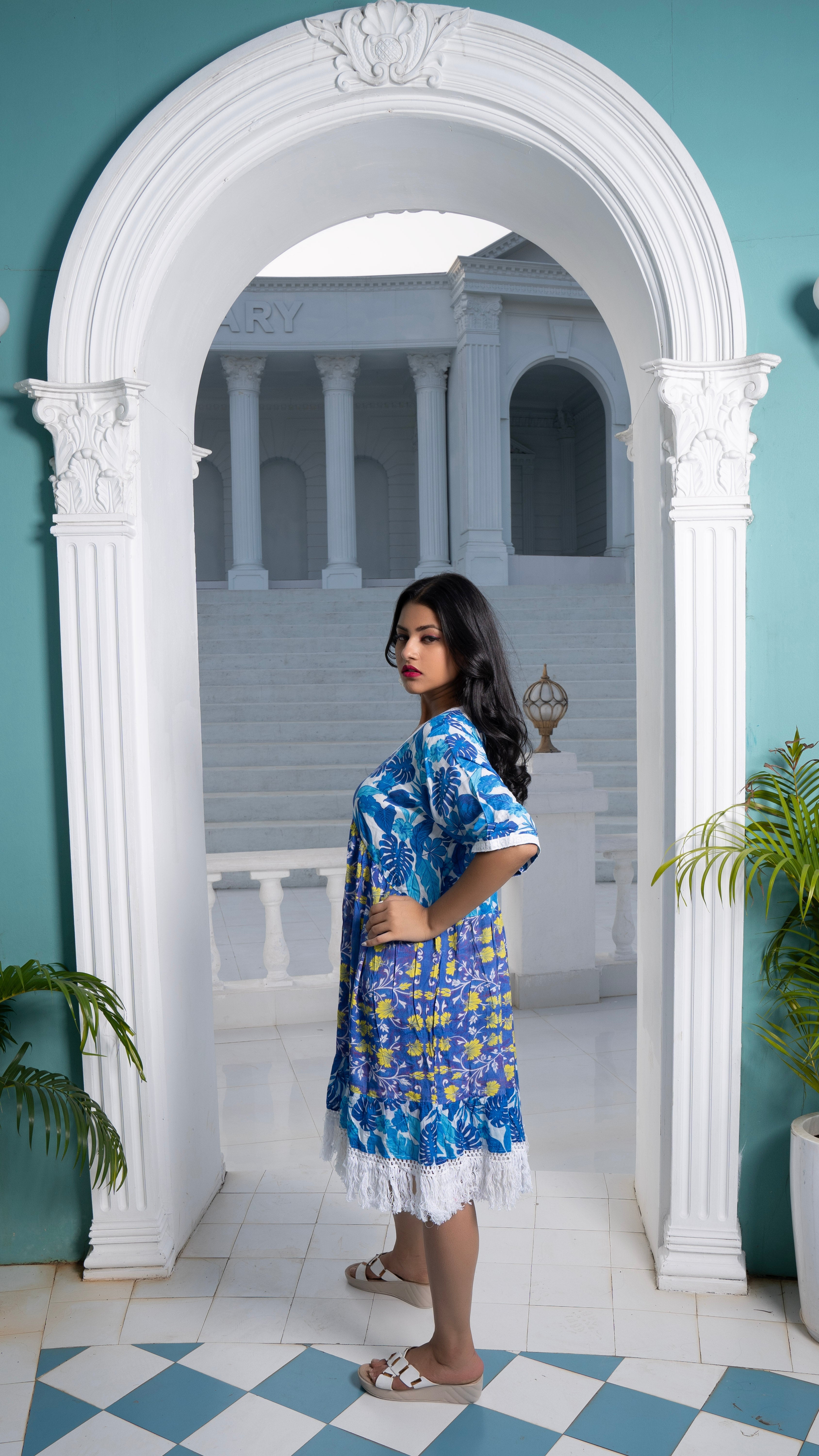 Noroke Sustainable fabric | Cupro Muslin Blue Pottery Tassel Dress