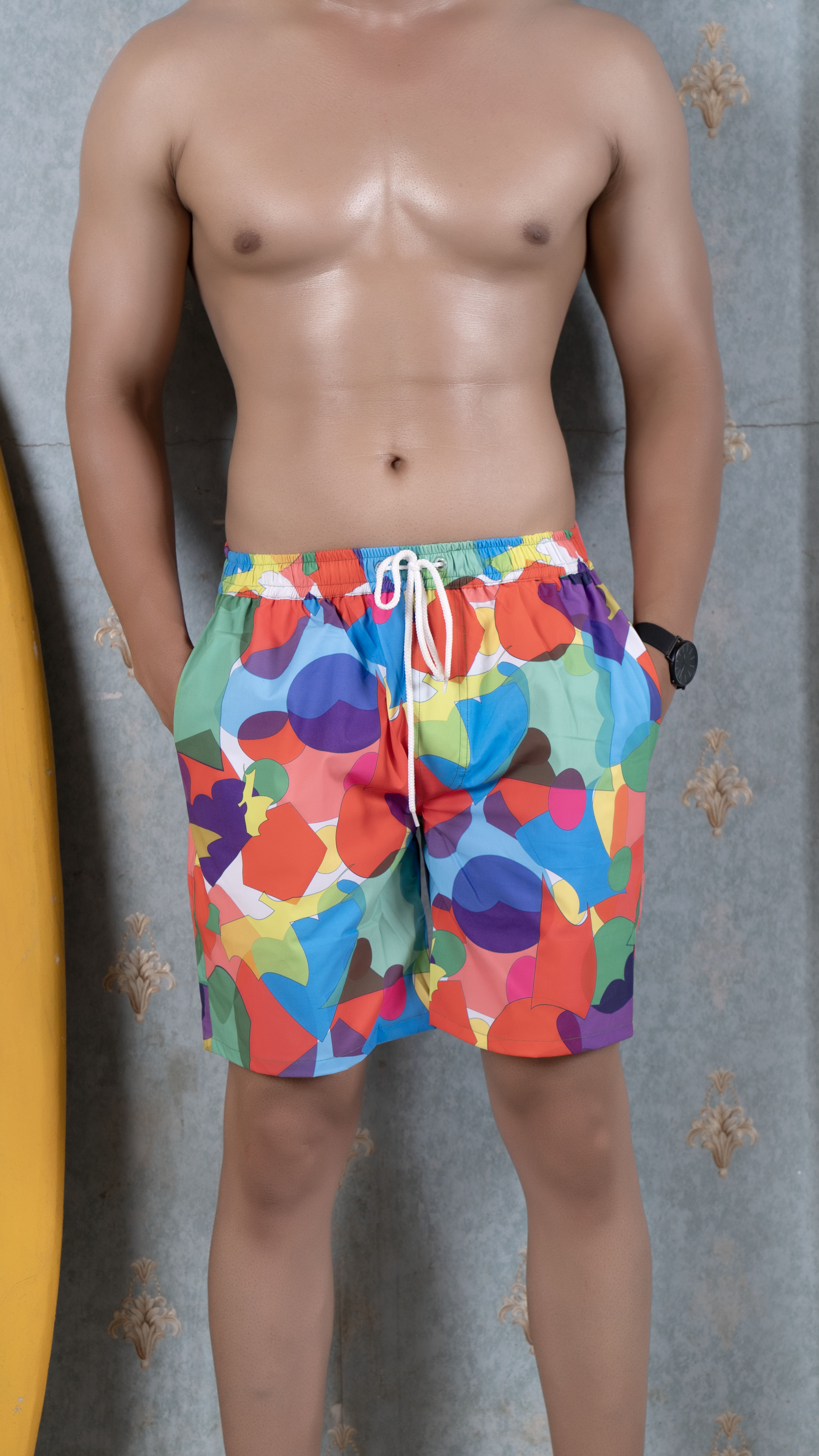 Noroke Sustainable fabric | Poly elastane Red Geometric Patterned Men Board Shorts