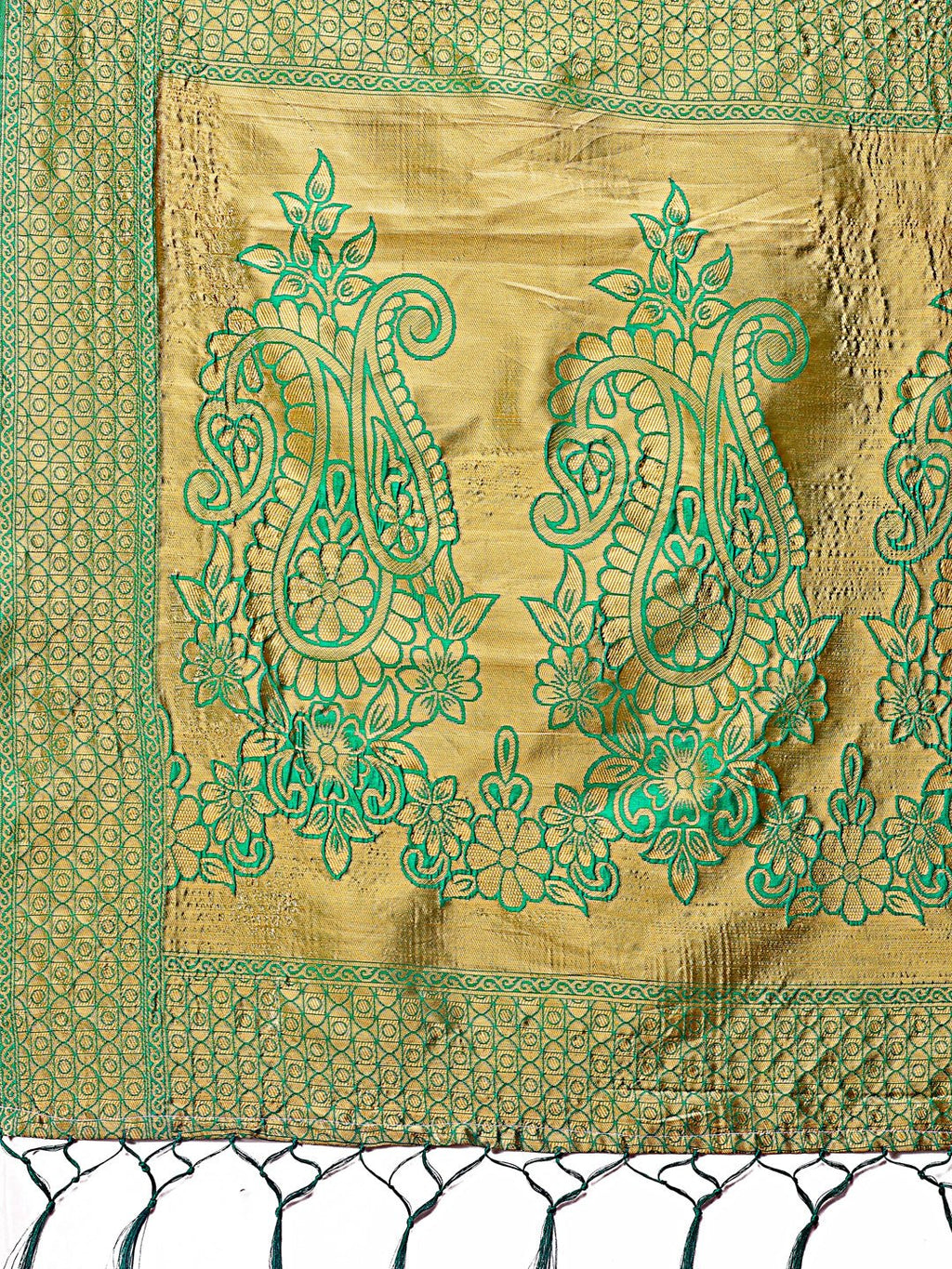 Shree Shyam Fashion Majestic Green Silk Saree with Gold Zari & Floral Design - Perfect for Festive & Traditional Occasions