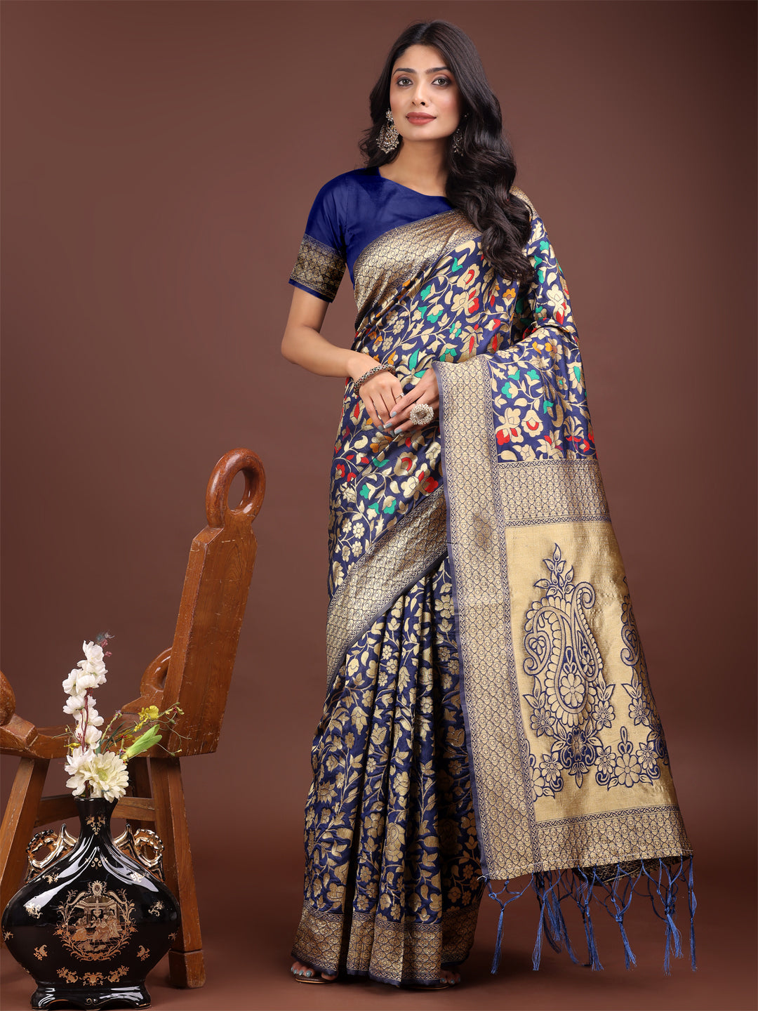 Shree Shyam Fashion Majestic Navy Blue Silk Saree with Gold Zari & Floral Design - Perfect for Festive & Traditional Occasions