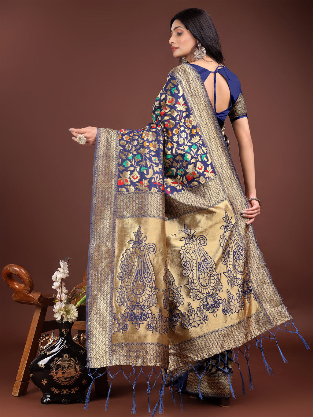 Shree Shyam Fashion Majestic Navy Blue Silk Saree with Gold Zari & Floral Design - Perfect for Festive & Traditional Occasions