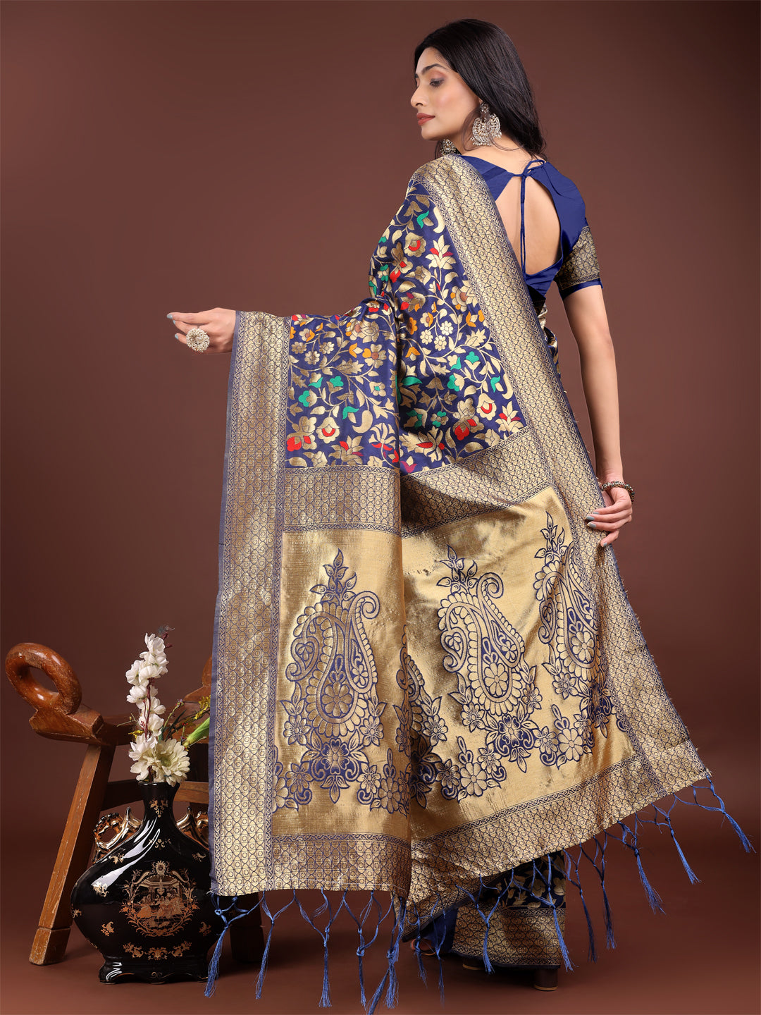 Shree Shyam Fashion Majestic Navy Blue Silk Saree with Gold Zari & Floral Design - Perfect for Festive & Traditional Occasions
