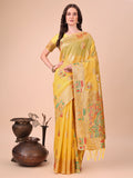 Shree Shyam Fashion Yellow Linen Saree with Multicolor Weaving & Zari Pallu - Elegant & Lightweight for Everyday Grace