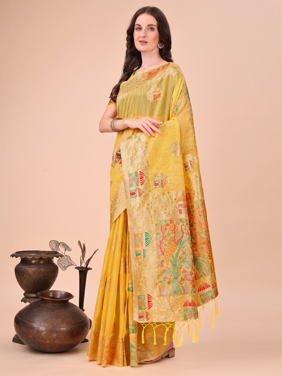 Shree Shyam Fashion Yellow Linen Saree with Multicolor Weaving & Zari Pallu - Elegant & Lightweight for Everyday Grace