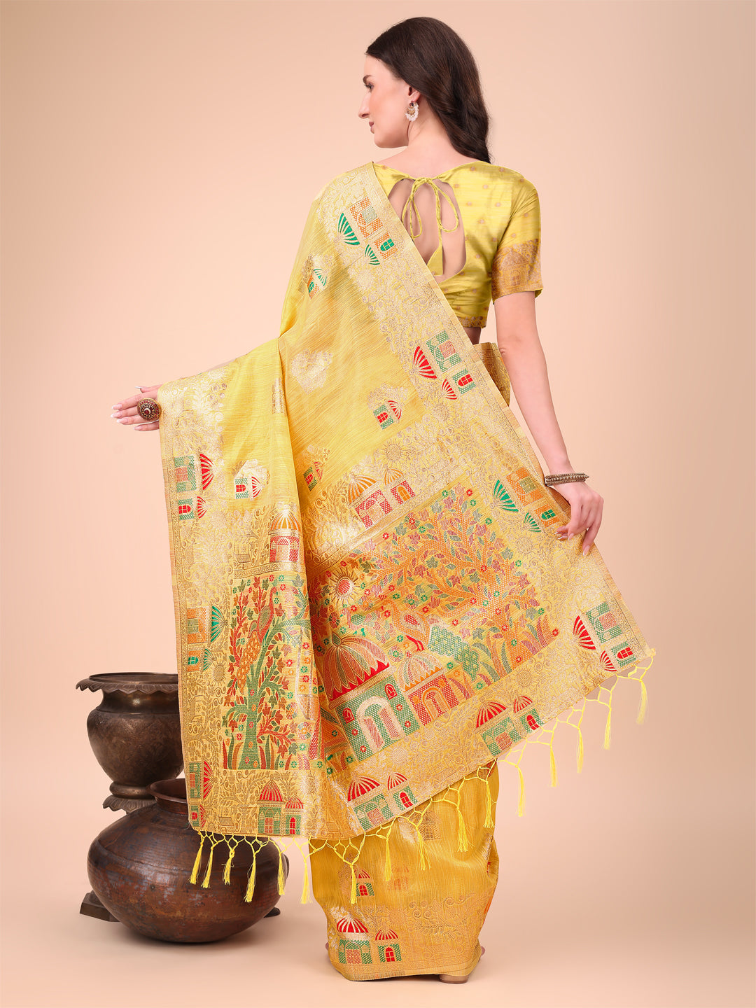 Shree Shyam Fashion Yellow Linen Saree with Multicolor Weaving & Zari Pallu - Elegant & Lightweight for Everyday Grace