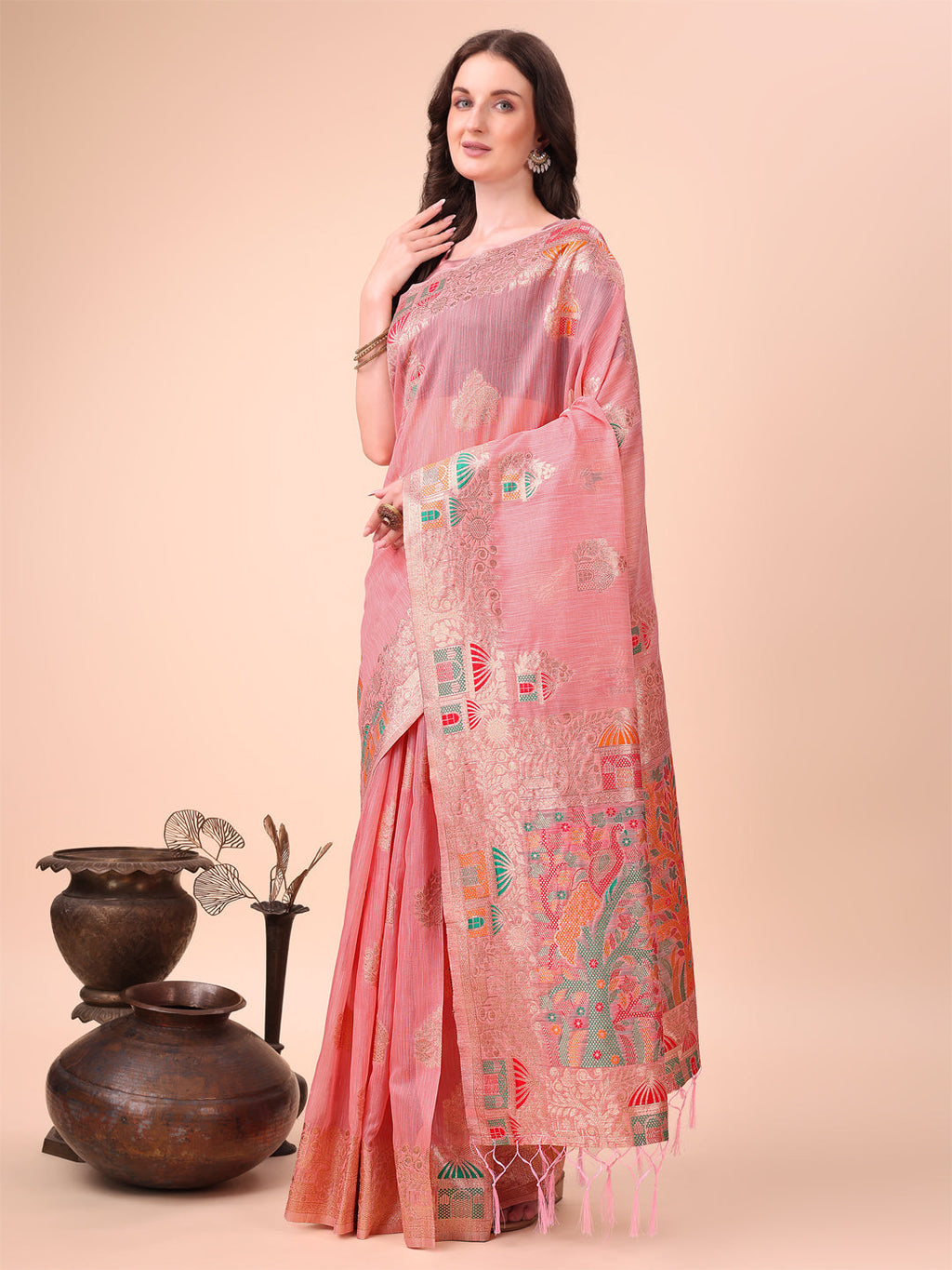 Shree Shyam Fashion Pink Linen Saree with Multicolor Weaving & Zari Pallu - Elegant & Lightweight for Everyday Grace