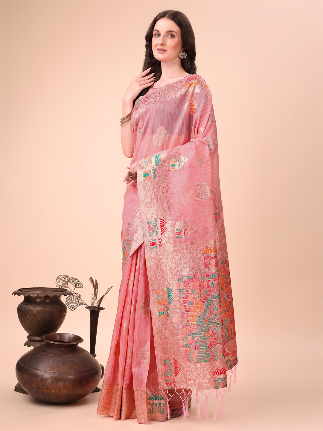 Shree Shyam Fashion Pink Linen Saree with Multicolor Weaving & Zari Pallu - Elegant & Lightweight for Everyday Grace