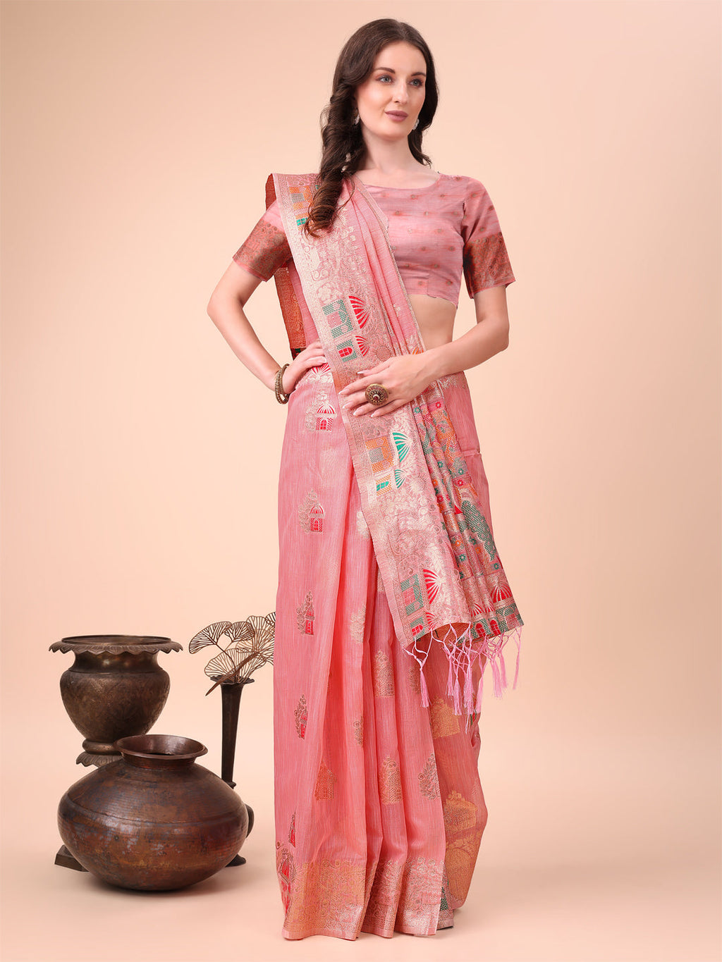 Shree Shyam Fashion Pink Linen Saree with Multicolor Weaving & Zari Pallu - Elegant & Lightweight for Everyday Grace