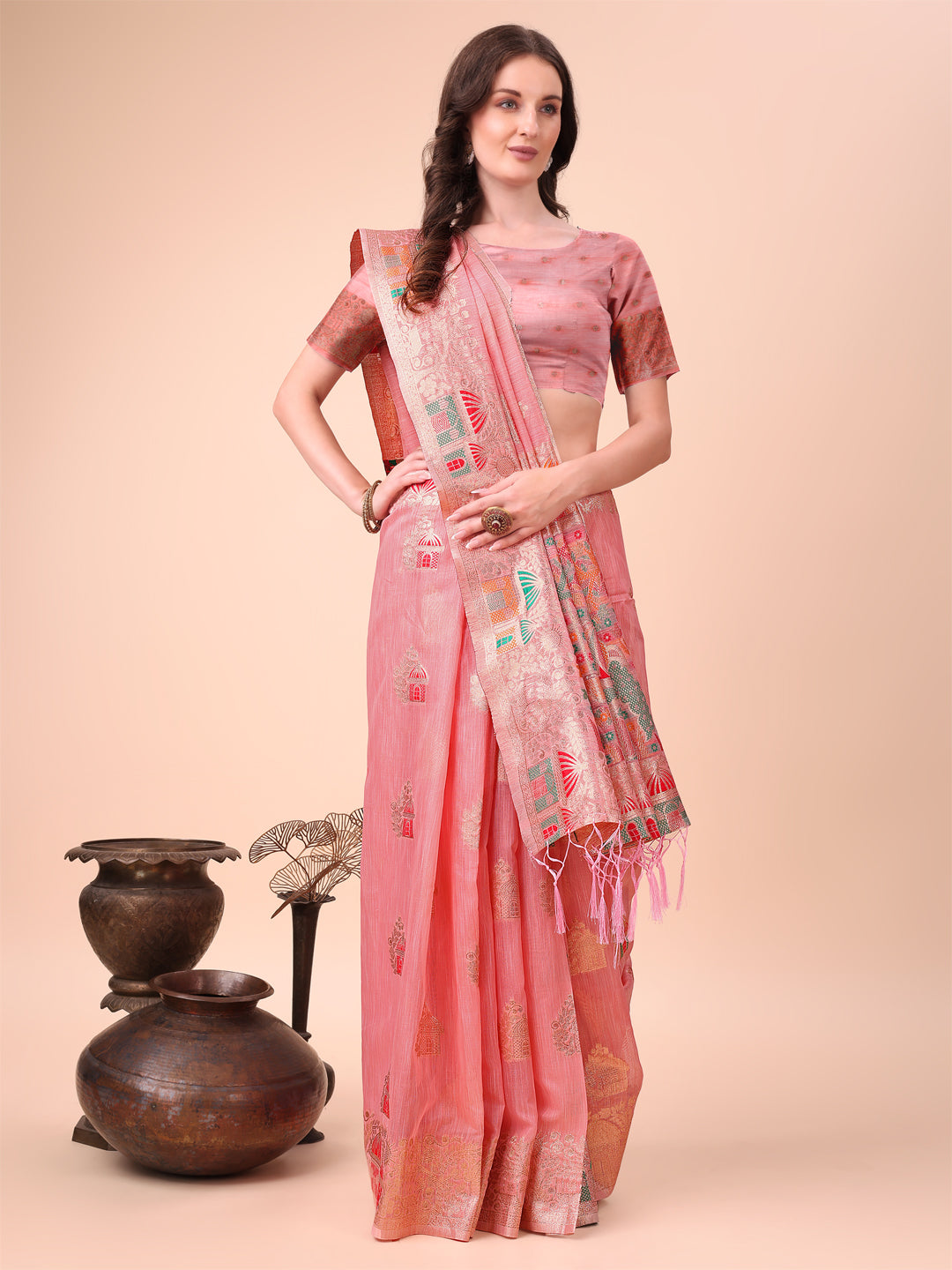 Shree Shyam Fashion Pink Linen Saree with Multicolor Weaving & Zari Pallu - Elegant & Lightweight for Everyday Grace