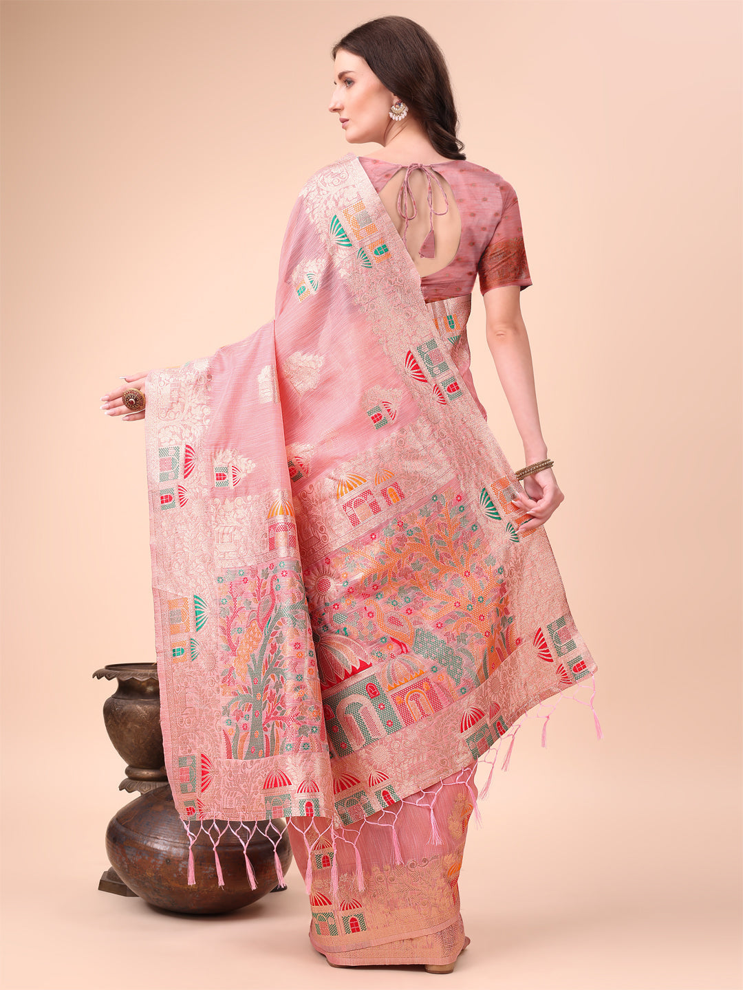 Shree Shyam Fashion Pink Linen Saree with Multicolor Weaving & Zari Pallu - Elegant & Lightweight for Everyday Grace
