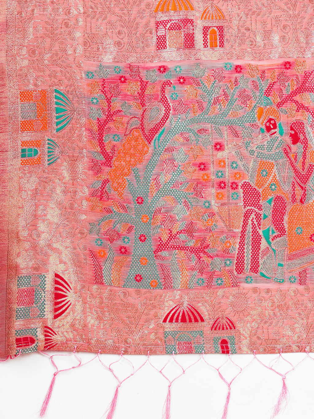 Shree Shyam Fashion Pink Linen Saree with Multicolor Weaving & Zari Pallu - Elegant & Lightweight for Everyday Grace