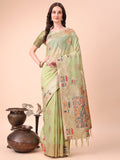 Shree Shyam Fashion Light Green Linen Saree with Multicolor Weaving & Zari Pallu - Elegant & Lightweight for Everyday Grace
