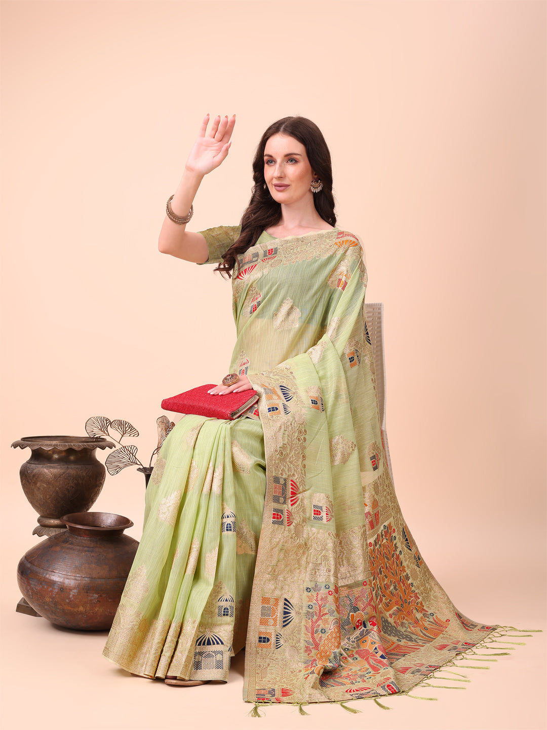 Shree Shyam Fashion Light Green Linen Saree with Multicolor Weaving & Zari Pallu - Elegant & Lightweight for Everyday Grace