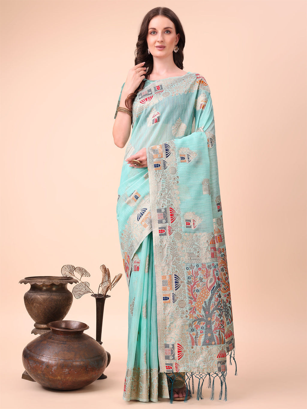 Shree Shyam Fashion Sky Blue Linen Saree with Multicolor Weaving & Zari Pallu - Elegant & Lightweight for Everyday Grace