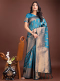 Shree Shyam Fashion Teal Blue Linen Cotton Saree with Golden Zari Leaf Woven Design & Rich Pallu - Festive Wear | Office Look | Soft Drape