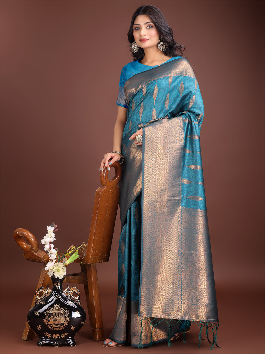 Shree Shyam Fashion Teal Blue Linen Cotton Saree with Golden Zari Leaf Woven Design & Rich Pallu - Festive Wear | Office Look | Soft Drape
