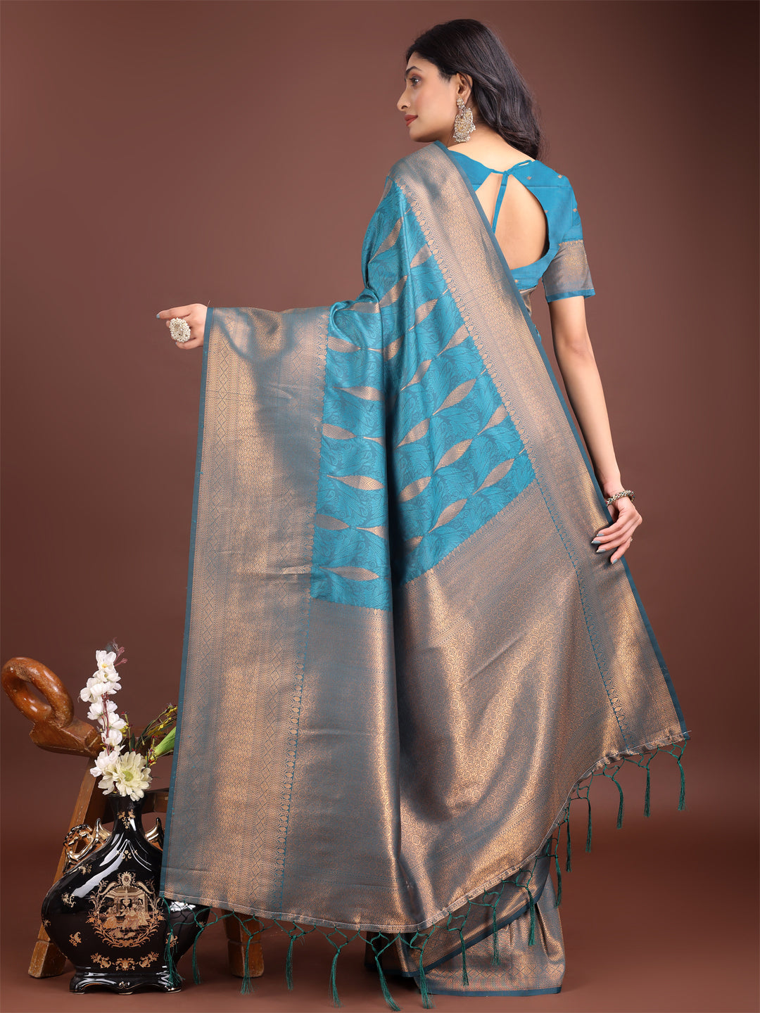 Shree Shyam Fashion Teal Blue Linen Cotton Saree with Golden Zari Leaf Woven Design & Rich Pallu - Festive Wear | Office Look | Soft Drape