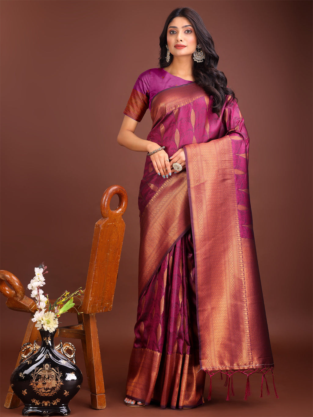 Shree Shyam Fashion Purple Linen Cotton Saree with Golden Zari Leaf Woven Design & Rich Pallu - Festive Wear | Office Look | Soft Drape