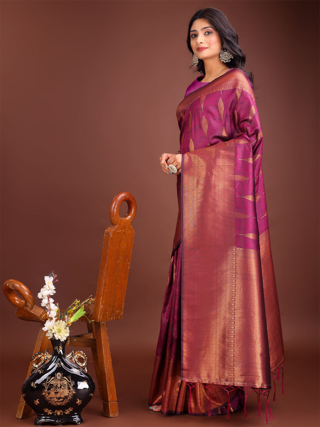 Shree Shyam Fashion Purple Linen Cotton Saree with Golden Zari Leaf Woven Design & Rich Pallu - Festive Wear | Office Look | Soft Drape